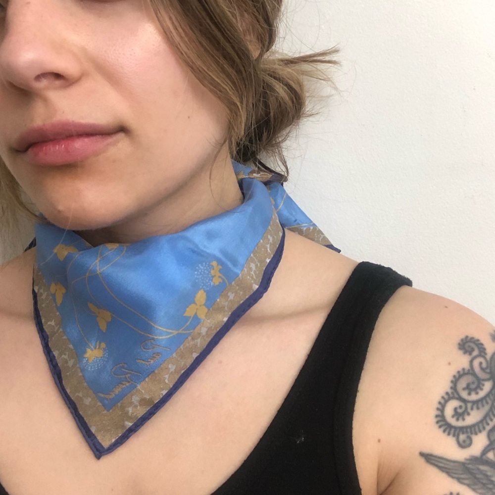 Blue Silk Scarf with Gold Foil Leaf Details